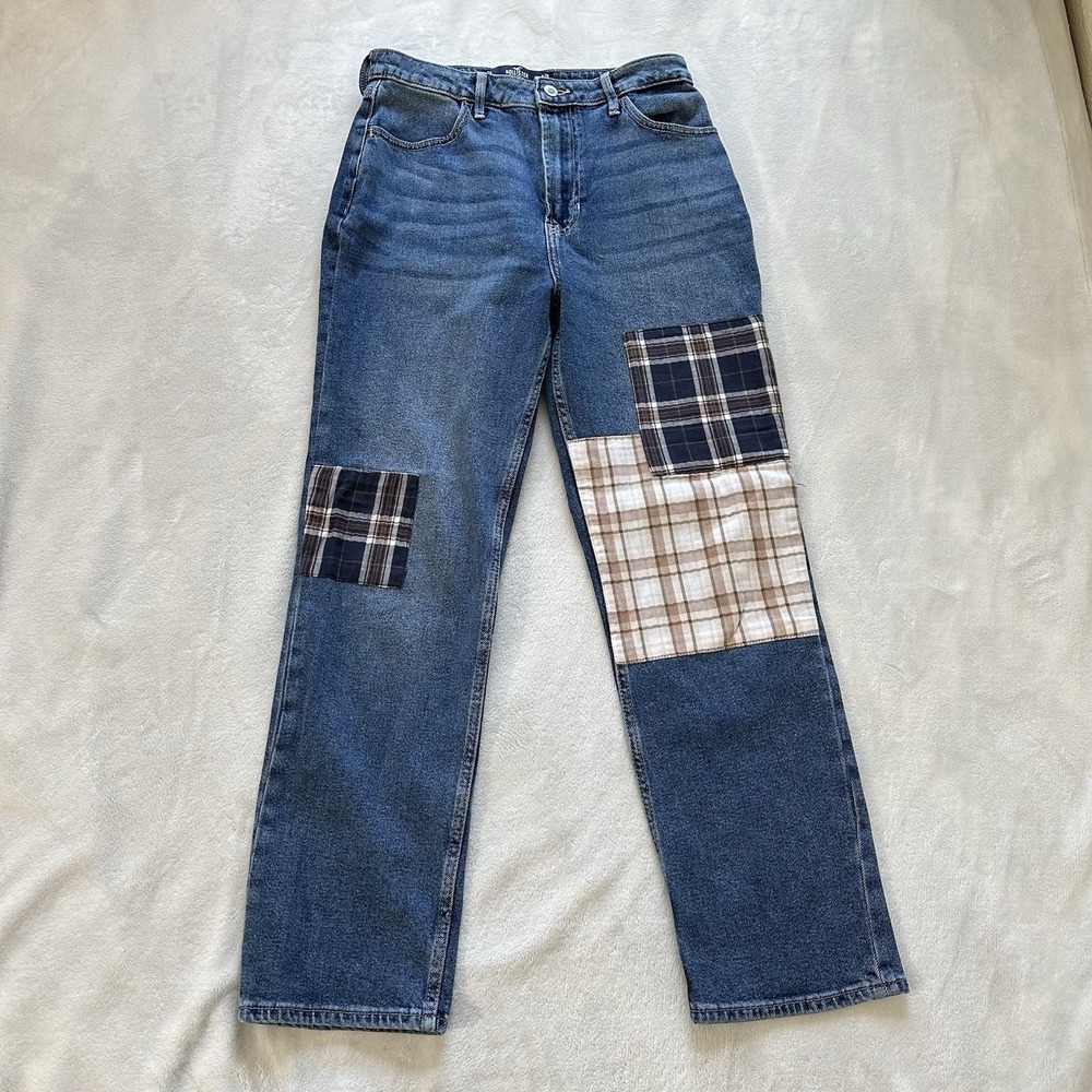 Hollister Ultra High Rise Stacked Vintage Straight Patch Work Jeans W28 L29